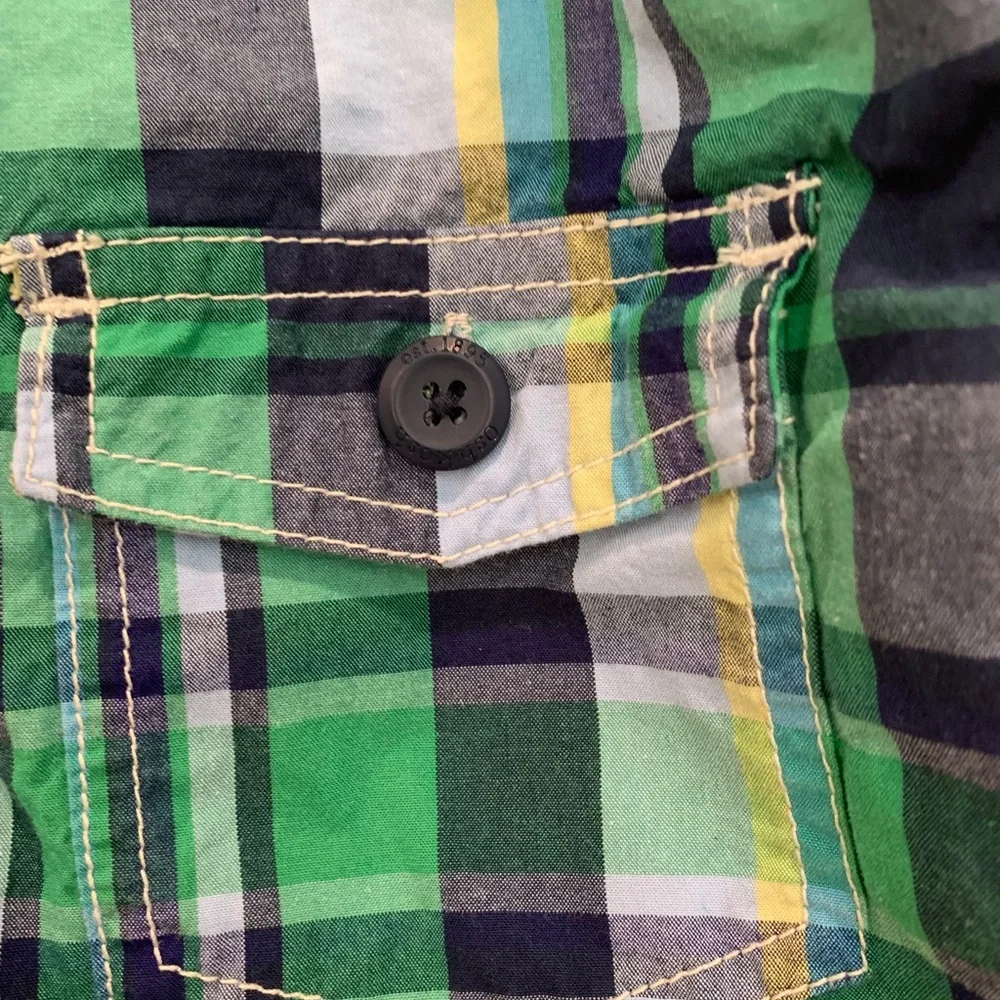 OshKosh B'gosh Green and Blue Plaid Overalls, size 12 mos